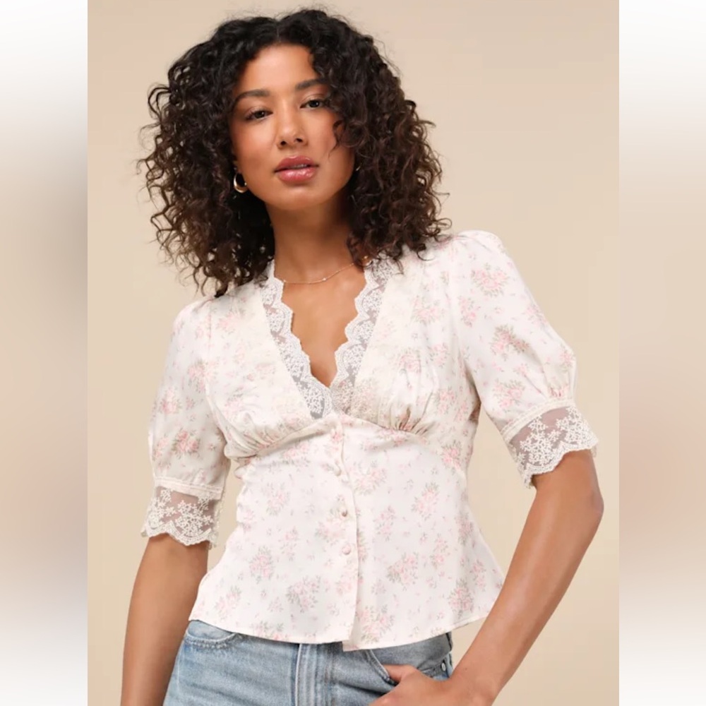 Lulus Maryse Cream and Pink Ditsy Floral Satin Lace
Top